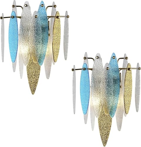 Image of Modern Gold Wall Sconces Set of Two, Glass Crystal Wall Light Fixtures with Colorful Leaves, 2-Light Art Decor Wall Lamps for Bedroom Living Room Bathroom