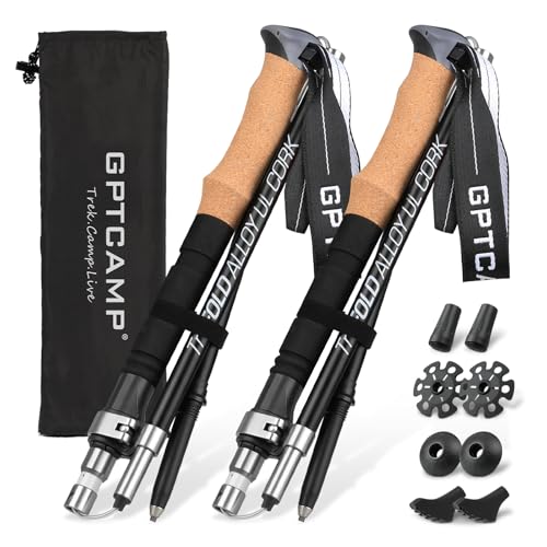 GPTCAMP Nordic Walking Stick, TPZ-1, Black 2pc Folding Collapsible Hiking Poles with Metal Quick Lock, Cork Handle, Lightweight 7075 Aluminum Trekking Poles for Seniors Women Men Hiking Gear