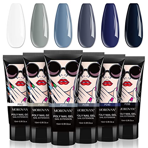 Morovan Poly Gel Extension Nail Kit - 6 Colors Poly Nails Builder Gel for Beginner Professional Poly Nail Gel Kits Starter Kit Black Blue Poly Gel Color Packs DIY Salon at Home