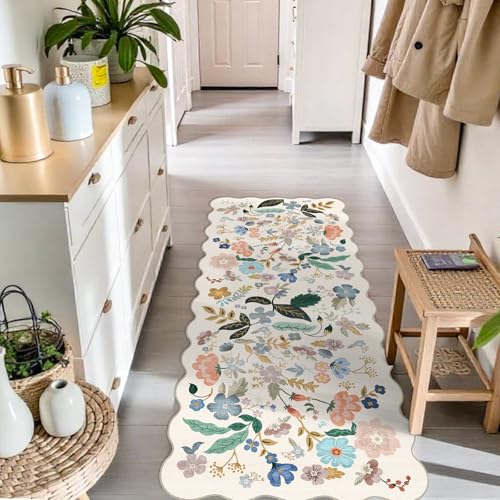 Hallway 2x5 Washable Runner Rug: Stain Resistant Floral Scalloped Rug for Kitchen Entryway Farmhouse Soft Carpet for Bathroom Bedroom Thin Laudry Living Room Floor Mat with Non Slip Backing(2x5,Cream)