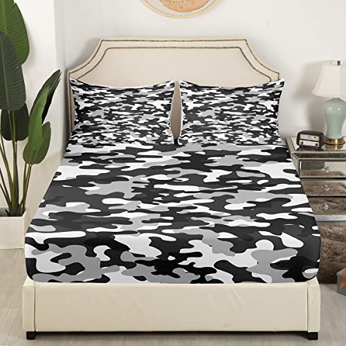 Erosebridal Camo Sheets Queen Size Bed Set Black And Gray Camo Decor Fitted Sheet Boys Abstract Graffiti Art Camouflage Bedding Set For Adult Teens Kids, Grey Farmhouse Decor Flat Sheet #TOP2