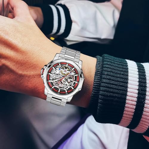 Image of FORSINING Men's Luxury Automatic Skeleton Mechanical Watch, Industrial Style Self-Winding Hollow Watches with Tourbillon & Luminous Function, Stainless Steel Strap Mens Wristwatch