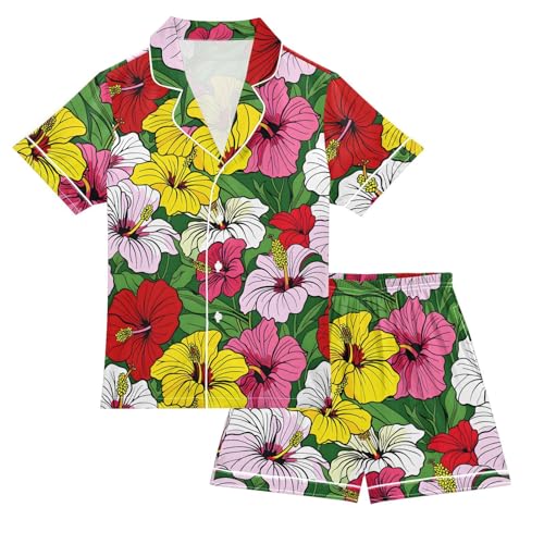 Multicolor Hibiscus Summer Pajamas Set Soft Satin Pjs Sets 2 Piece Short Sleeve Sleepwear Casual Clothes