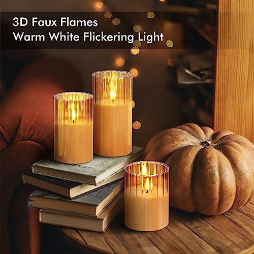 Image of Rhytsing Gold Ribbed Glass Battery Operated LED Candles with Remote, Flameless Candle Gift Set with Timer, Warm White Light- Include 6 Batteries - Set of 3