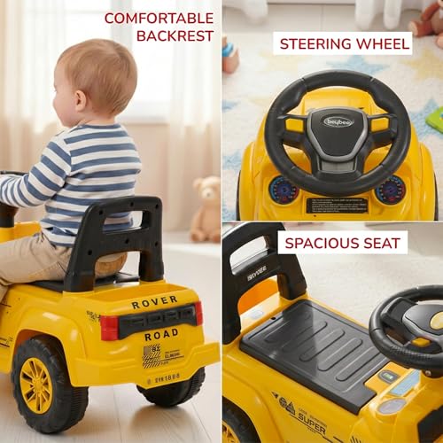 Image of Baybee Rover Baby Ride on Car for Kids | Portable Rideons Jeep with LED Lights & Music | Push Ride on Toys Car with Backrest & Toy Storage Basket | Kids Car to Drive 1-3 Years (Yellow)