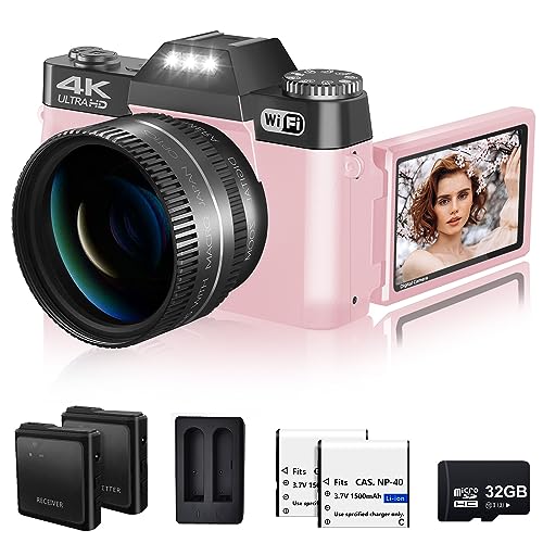 Digital Camera for Photograohy and Video VJIANGER 4K 48MP WiFi Vlogging Camera with 180° Flip Screen, 16X Digital Zoom, 52mm Wide Angle & Macro Lens, 2 Batteries and 32GB TF Card(W02-Pink32)