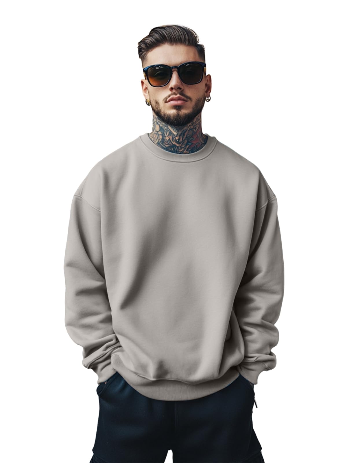 Cotton Poly Fleece Oversized Fit Full Sleeves Ribbed Solid Crew Neck Sweatshirt for Men-image-4
