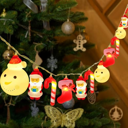 TOLOYE Luci di Natale Decorative, 20 LED Luci Natalizie a Stringa con Pupazzo di Neve, Babbo Natale e Motivi di Calza, Impermeabili, Telecomando/USB Alimentato, Luci Fatate per Decorazioni Natalizie