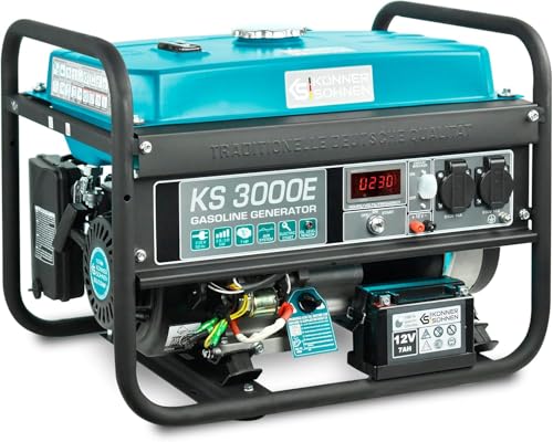 Könner & Söhner Generador de gasolina KS 3000E, grupo electrogeno de 3000 W,con arranque manual/eléctrico, 2x16A (230 V), 12V, generador electrico tiene (AVR), protección ante sobrecargas