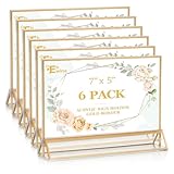 EHWINE 6 Pack Acrylic Sign Holder 5 x 7 Horizontal, Double-Sided Stand up Table Top Sign Holders, Gold Acrylic Picture Frame Menu Flyer Paper Holder Display Stand for Office Business Store Wedding Party