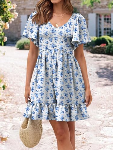 Image of UEAL Womens Cute Floral Smocked V Neck Flutter Sleeve Sundress with Pockets Casual Spring Summer Dresses for Women 2026