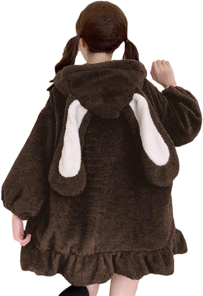 BZB Kawaii Anime Bunny Ear Hoodies For Women Sweet Lovely Fuzzy Fluffy Rabbit Sweater Tops Cosplay Jacket Coats