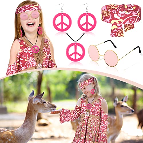 Heentan 8 Pcs 60S 70S Outfit For Girls Kids Hippie Costume Boho Dress Hippie Ankle Socks Peace Sign Earring Necklace Headband (Delicate Style) #TOP3