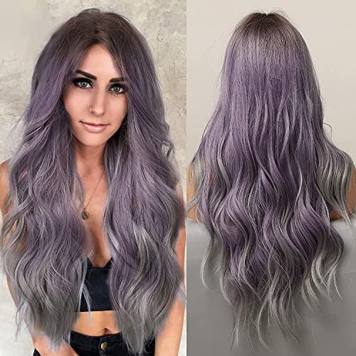 Long Wavy Wig Ombre Light Purple Grey, MQ Gray Purple Wave Wigs 26'' for Women Synthetic Fiber Heat Resistant Curly Wigs 150% Density for Daily Costume Halloween Christmas Party Cosplay Wavy Wig (Ombre Purple Grey)