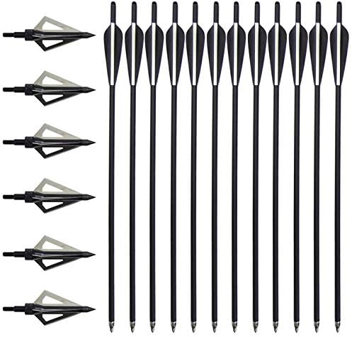 VNAKER 20 Inch Carbon Crossbow Bolts 12 Pack and Hunting Broadheads 6 Pack, Carbon Crossbow Arrows for Hunting and Outdoor Practice(Black)