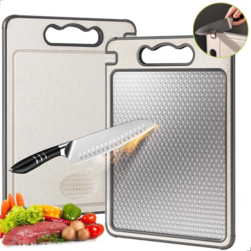 Tábua de Corte para Cozinha Higiênica Antibacteriana Premium Saudável Para Cortar Dupla Face Aço Inoxidável Carnes, Frutas e Vegetais, Afiador Integrado, Antirrespingo, Base Antiderrapante BENCURATA