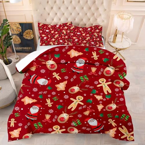 VTKON Red Christmas Comforter Set Twin for Girls, Cartoon Santa Claus Christmas Tree Gingerbread Man Printed Bedding Set, Cute Xmas Bed Set with 1 Comforter and 1 Pillowcase