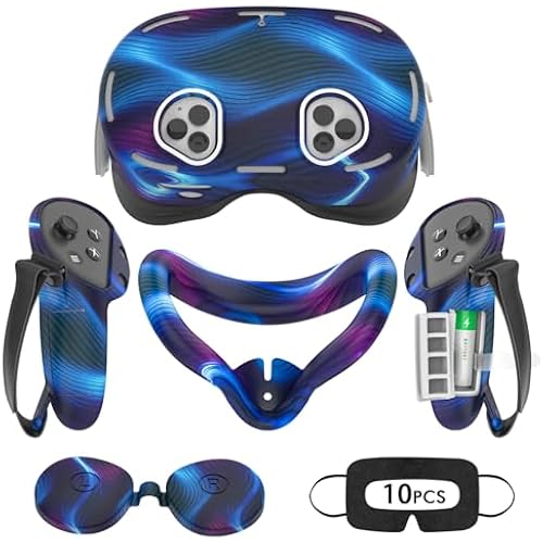 Silicone Cover Set Compatible with Oculus/Meta Quest 3S, VR Accessories for Meta Quest 3S, Protective Cover Set Includes Controller Grip Cover, Face Cover, VR Shell Cover (Aurora Blue)