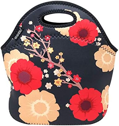 allydrew Insulated Neoprene Lunch Bag Zipper Lunch Box Tote, Blossoms Dark