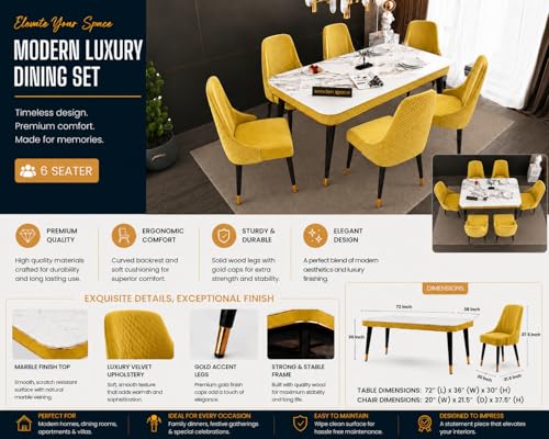 Image of WOODEN SPACE 6-Seater Wooden Dining Table Set | Nano Composite Marble Top | Solid Wood Base | Modern Dining Room Furniture with 6 Chairs (Yellow Modern Vento)