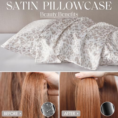 Image of Madison Park Essentials Satin Sheets Full Bed Set, 4 Pcs, Taupe Leopard | Luxury and Smooth Silky Bedding with Natural Sheen, All Around Elastic 14 inch Pocket fits up to 16 inch Mattress, Year-Round Cozy