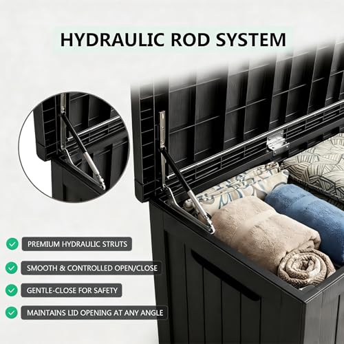 Image of Large 231 Gallon Resin Deck Box, Heavy Duty Lockable Patio Storage Box Outdoor, Waterproof Tool Box for Garden Furniture Cushions & Pool Supplies, Wood Grain Outdoor Storage Bench for Backyard