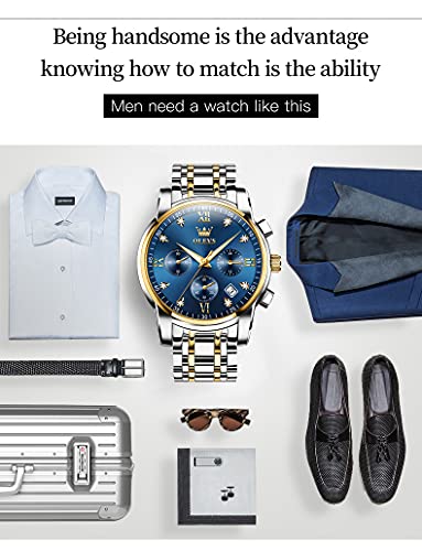 Olevs Mens Watches Chronograph Business Dress Quartz Stainless Steel Waterproof Luminous Date Wrist Watch Blue Watch For Men #TOP3