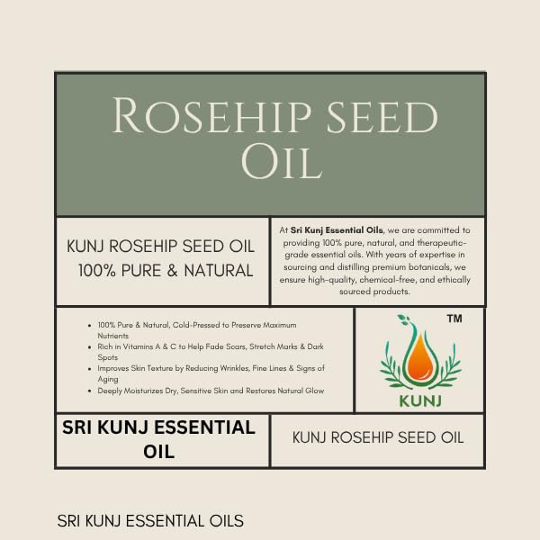 Image of KUNJ Rosehip Seed Oil (Rosa rubiginosa) 30ML - 100% Pure & Natural, Cold Pressed, Undiluted - Therapeutic Grade Oil for Skin Care, Hydration, Anti-Aging & Radiance