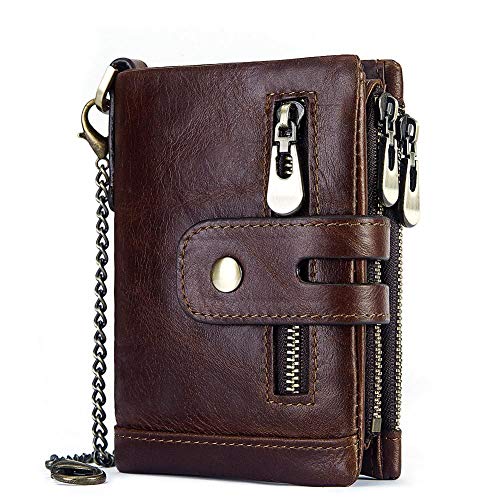 Men's Wallet Genuine Leather Foldable, Coin Pocket, Money Clip RFID Lock Chain Zipper Keychain, brown, P, Classic