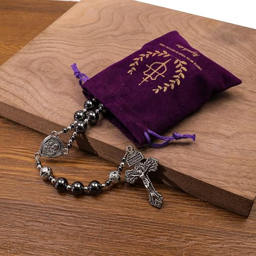 Image of Nazareth Store Hematite Rosary Black Stone Beads Necklace Metal Beaded Silver-Plated Medal & Cross for Men NS