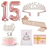 15th Birthday Decorations for Girls with 15th Birthday Crown and Sash, Cake Topper and Candles, Number Balloons, 3D Pop Up Greeting Card, 15 Year Old Gifts for Girls