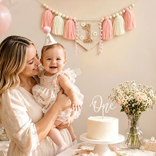 DCJHFJ 1st Birthday Decorations Girl Boho Daisy Pink High Chair Banner with One Cake Topper 1st Birthday Hat for One Year Old Photoshoot Props by DCJHFJ - Used condition - Image 3