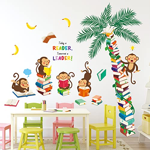 DECOWALL DSL-8065 Singe Arbre Livres Stickers Muraux Tatouage Mural Enfants Pépinière Peel and Stick Pépinière Garçon Arbre Animaux Jungle Bébé Déco