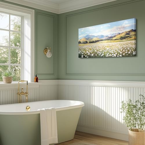 crmotu Canvas Wall Art Landscape, Oversized Wall Art, Floral Wall Decor, White Wildflower Field Painting, Nature Wilderness Pictures Wall Decor Living Room Bedroom Bathroom Art Prints 24x48inch