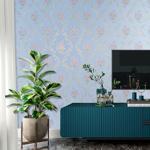 Image of wolpin Non-Woven Wallpaper Non-Adhesive (53 x 950 CM) (Rose Design) | Textured Damask & Roses Design Wallpaper | Light Blue Decorative Wall Covering for Home Interior (54.18 Sq Ft)
