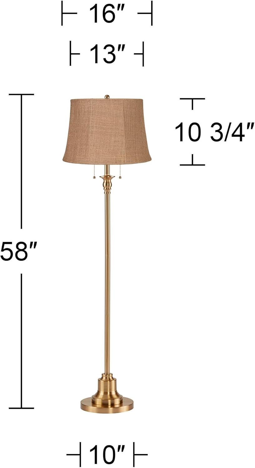 360 Lighting Dyna Traditional 58" Tall Standing Floor Lamp Skinny Pole Pull Chain Gold Antique Brass Finish Living Room Bedroom House Reading Office Home Decor Entryway Dining Natural Burlap Shade