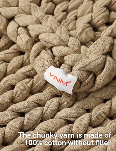 YnM Cotton Weighted Blanket, Handmade Chunky Knitted Design, Soft and Cozy, Temperature Regulating and Breathable, Machine Washable Throw for Sleep or Home Decor (Beige, 48x72 Inch, 20lbs)