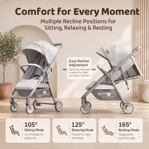 Image of StarAndDaisy Stroller for Baby, Foldable Baby Stroller with Reversible Seat, 3 Recline Positions, 5-Point Safety Harness, Adjustable Footrest, Large Canopy & Storage Basket