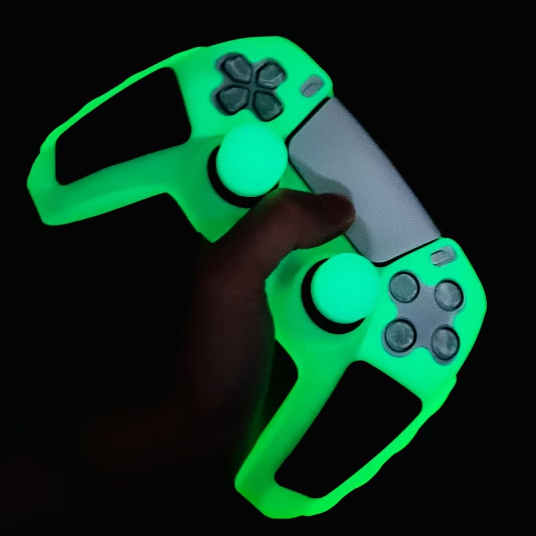 Peau de contrôleur PS5 Verte Qui Brille dans Le Noir, Housse de Protection en Silicone cloutée et épaisse, poignées compatibles avec la Manette PS5 avec 10 Capuchons de poignées