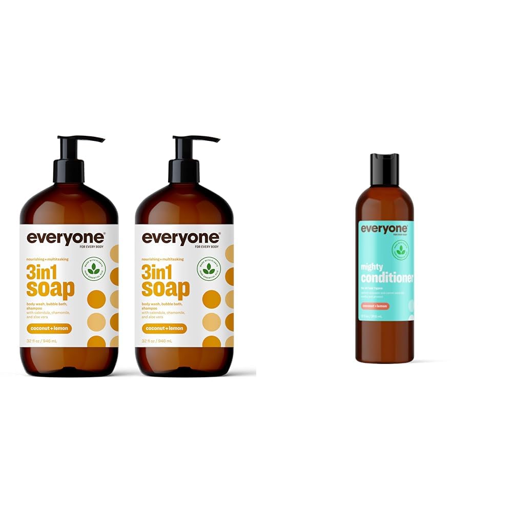 Everyone 3-in-1 Soap Body Wash Bubble Bath Shampoo 32 Ounce Pack of 2 Coconut and Lemon Coconut Cleanser