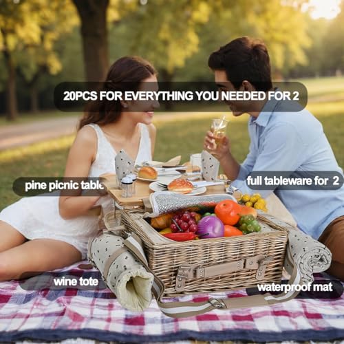 Image of Multifunctional Wicker Picnic Basket Set for 2 with Blanket and Picnic Table, Insulated Picnic Set with Full Tablewares for Camping Outdoor Couples,Cherry