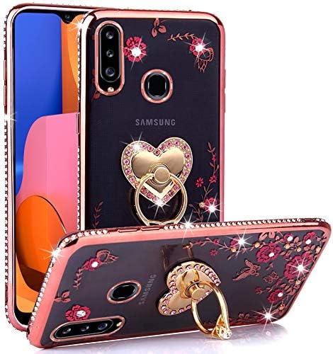 CaseHaven for Samsung Galaxy A20S Case (Not Fit A20), Glitter Crystal Heart Floral Series - Slim Luxury Bling Rhinestone Clear TPU Case with Ring Stand for Samsung Galaxy A20S - Rose Gold