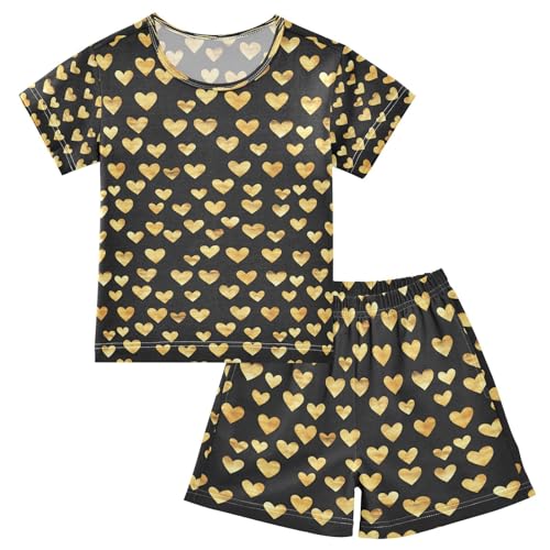 ALAZA Golden Love Heart Black Pajamas Set Short Sleeve Cotton Sleepwear Summer Pjs 2 Piece 5-14Y