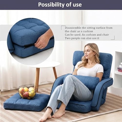 Image of Floor Chair for Adults with Back Support, 14-Position Adjustable Floor Sofa with Pillow & Armrests, Faux Leather Floor Lounger Chair for Gaming, Reading & Living Room (Blue)