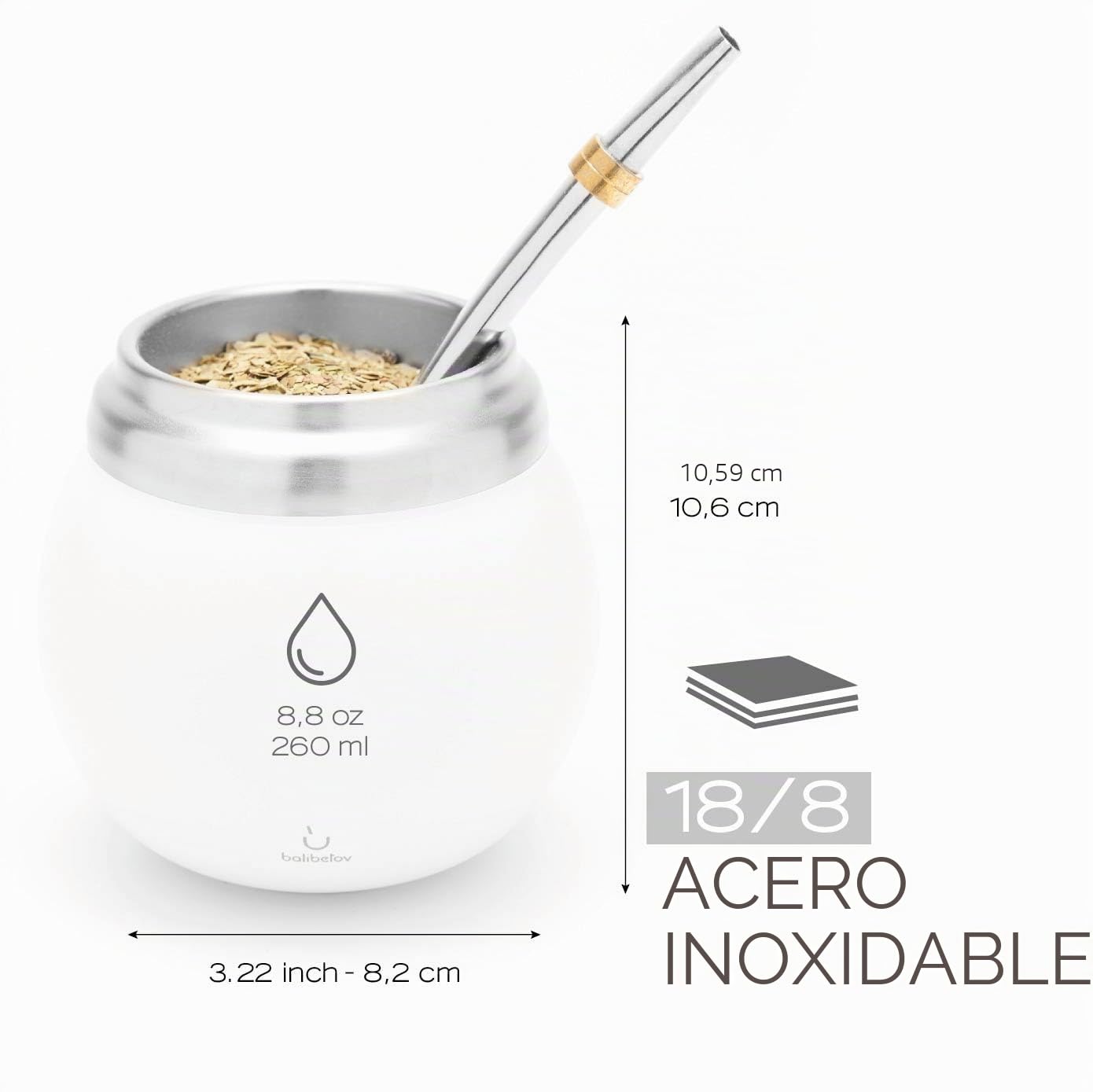balibetov Calabaza Moderna - Juego Yerba Mate Gourd (Taza Mate) - Doble pared de acero inoxidable 18/8 - Incluye dos bombillas y un cepillo de limpieza (Blanco)