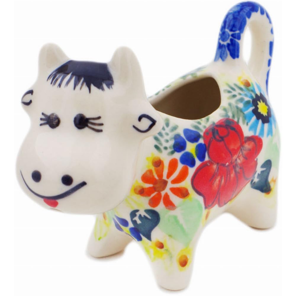 Authentic Polish Pottery Cow Shaped Creamer Signature UNIKAT in Bold Poppies Design Handmade in Boles?awiec Poland by Ceramika Bona + Certificate of Authenticity