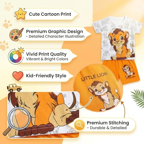 Image of Tiny Towns Kids Clothes for Boys | Animal Printed Cotton Half Sleeve T-shirt and Shorts Clothing Set | Casual Summer Wear for Kids | Lightweight Baby Boy Dress