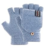 THINP Fingerless Gloves for Women and Men, Winter Wool Knit Flip Gloves with Convertible Mittens (Light Blue)