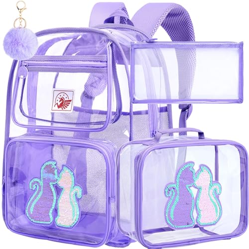 Image of AGSDON 3PCS Clear Backpack for Girls, Kids Cat Transparent Backpack with Heavy Duty PVC, See Through Backpacks with Lunch Bag-Purple