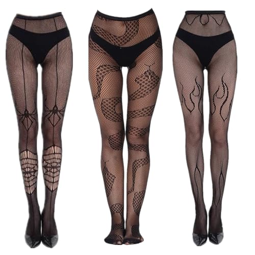 PPX 3 Pairs Snake Tights and Fire Fishnets Womens Spider Fishnet Stockings High Waist Tights Fishnets for Women